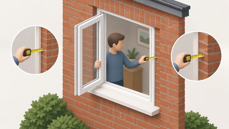 A householder standing at an open window of a brick house, one hand on the window frame and the other measuring the depth of the wall reveal with a tape, comparing the thickness of the masonry edge to judge whether the wall is cavity or solid construction.