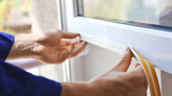 A person fitting adhesive draught-excluding sealing strip around a white uPVC window frame