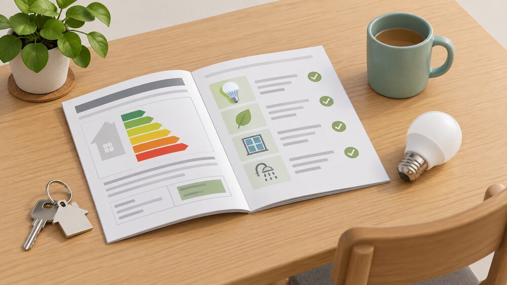 A kitchen table with an Energy Performance Certificate document and its recommendation report laid open beside a set of keys, a low energy LED bulb, and a mug, as a renter's starting point for improving their rented home.