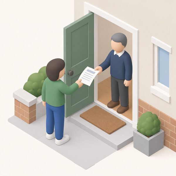 A simplified isometric tenant figure stands at a doorway handing a printed letter with blank lines to a landlord figure, who reaches out to take it, showing that grant applications need the landlord's agreement.