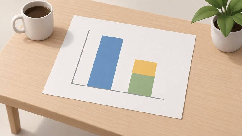 A printed bar chart sheet on a table showing two plain bars, a taller one for energy bought in before fabric improvements and a shorter one after, with the shorter bar's remaining demand stacked in two plain colour blocks for grid electricity and on-site generation.