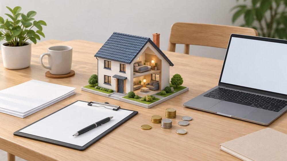 A small cutaway model of a house sits on a kitchen table beside blank paperwork, a clipboard with a pen, a few coins and an open laptop with a blank screen, arranged as a householder planning energy improvements.