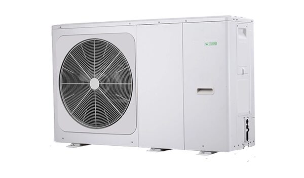 A white outdoor air source heat pump unit with a large circular fan grille, shown against a plain white background
