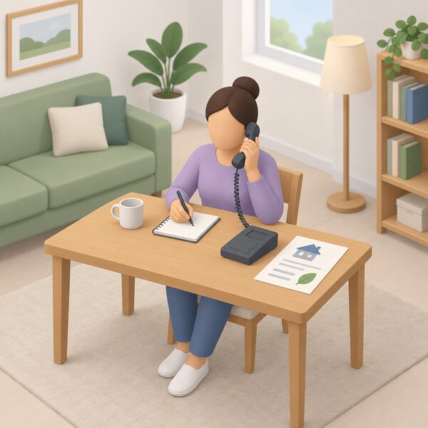 A householder sitting at a table in their home living room, holding a phone to their ear while taking notes on a notepad, with a plain printed advice sheet lying beside them, showing a free phone call to an energy advice helpline.