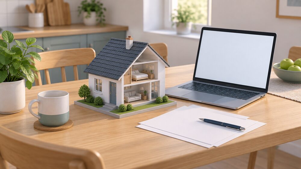 A small cutaway model of a house sits on a kitchen table beside an open laptop with a blank screen, a few blank sheets of paper and a pen, suggesting a household planning energy-saving improvements at the start of the process.