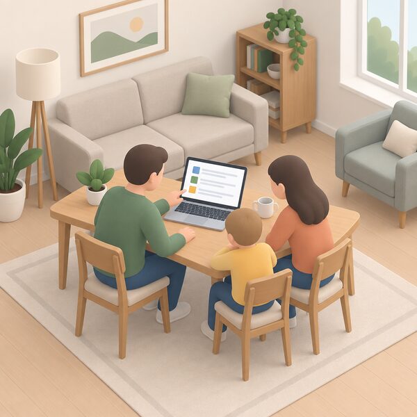 A household at the very start of planning sits together at a table in their living room, using the online energy advice tool on a laptop, with the screen showing a simple questionnaire of plain blocks and blank lines and no readable content.