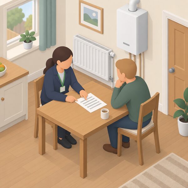 A local energy adviser sits at a table with a householder in a UK home outside England, pointing at a printed advice sheet with blank lines while the householder listens, with a plain domestic interior and a radiator and boiler visible in the background.