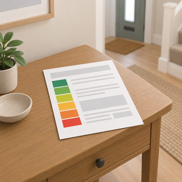 A printed energy performance certificate lying on a table in a home hallway, shown as a physical sheet with a plain colour rating band down its side and blank lines and blocks for its content, with no readable words or numbers.