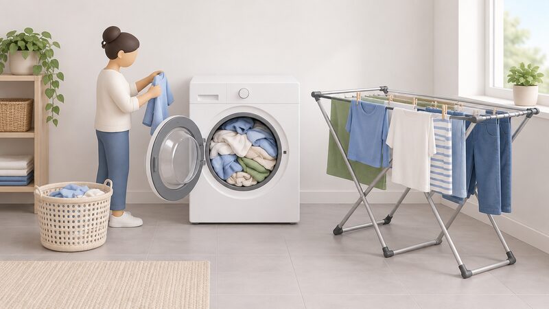 A front-loading washing machine with its drum packed full of laundry, its door open, standing beside a clothes drying rack hung with freshly washed garments in a home utility space.