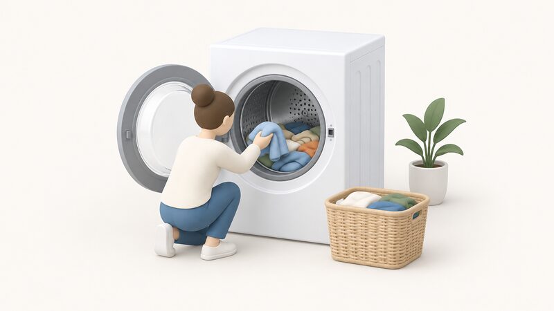 A front-loading washing machine with its door open, showing a drum roughly half filled with laundry and clear empty space above the items, with a simplified figure placing the last garment in.