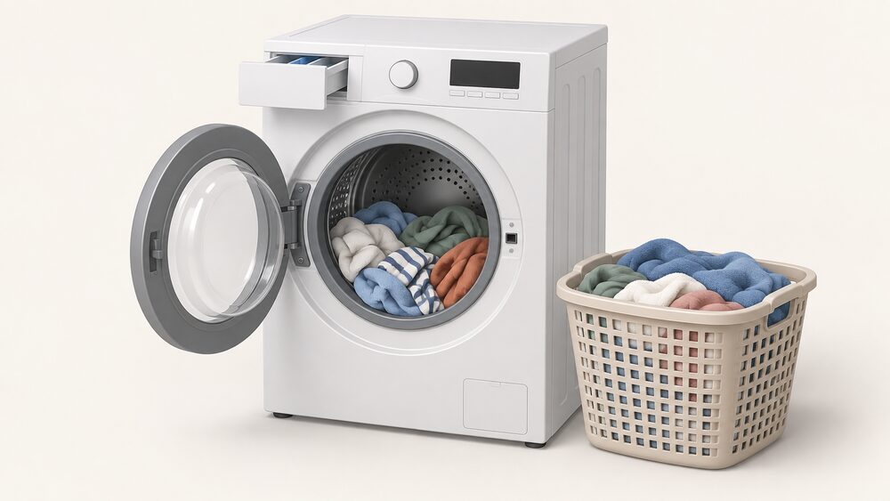 A front-loading washing machine close up with its round door open, the drum filled with laundry but leaving a clear hand's-span gap of empty space at the top, a full laundry basket waiting beside it, and a detergent drawer pulled slightly out.