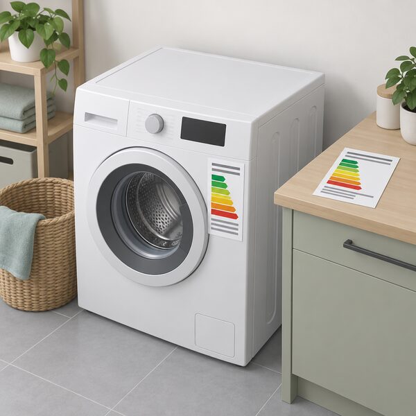 A washing machine energy label shown as a physical sheet attached to the front of a freestanding washing machine in a home utility space, with a second identical label sheet lying on a nearby surface beside it so two machines can be compared, all label content shown only as blank lines and plain colour bands.