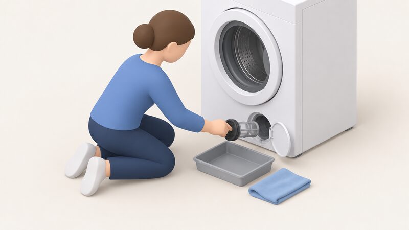 A simplified isometric figure kneels in front of a front-loading washing machine with the round filter housing cover at the bottom front opened, drawing out the filter to clean it, with a shallow tray and cloth on the floor beside them.