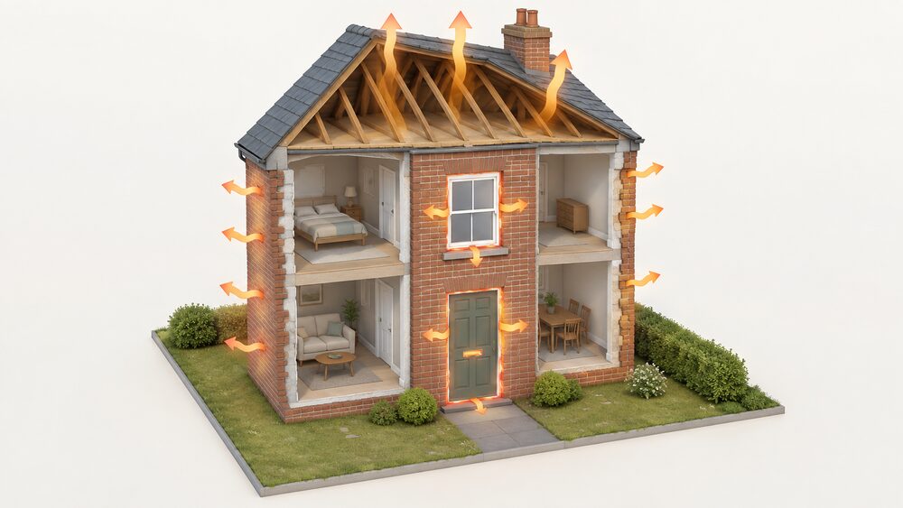A cutaway of a typical UK house showing warm air escaping through the building fabric, with heat visibly leaking through the external walls, the roof, and around the frames of a single-glazed window and a door, the window and door placed centrally in the facade.