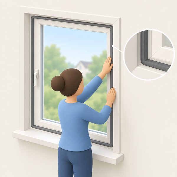 A close-up of a typical house window with a self-adhesive draught excluder strip being pressed along the inside edge of its frame by a simplified figure, showing the seal running continuously around the frame's perimeter.