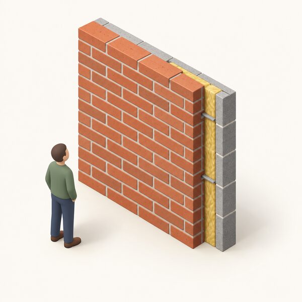 A plain external brick wall of a typical British house, shown as a simple cutaway section revealing the wall build-up, with a small isometric figure standing outside looking at the wall to indicate it as the element losing around a third of a home's heat.