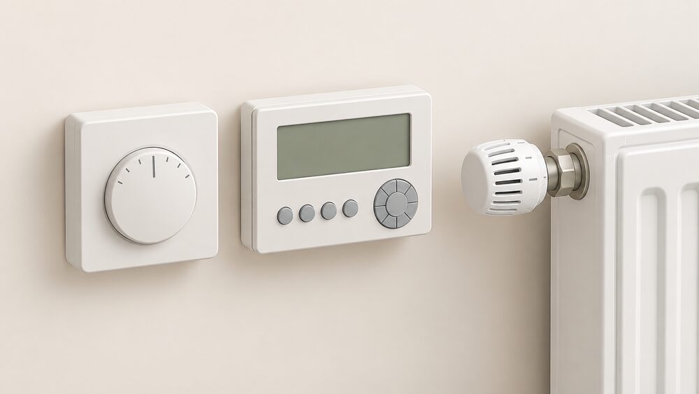 A close-up of the three elements of a basic full set of heating controls: a wall-mounted room thermostat and a programmer side by side at the centre, with a thermostatic radiator valve head fitted on a radiator beside them, all shown plainly with no other equipment.