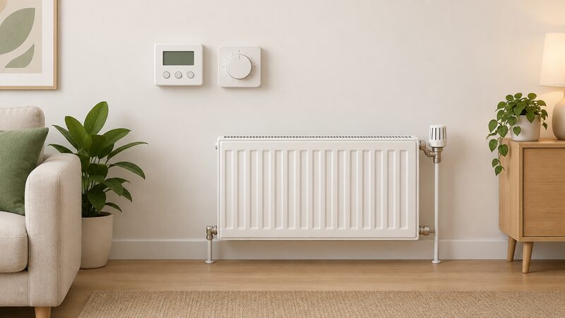 An interior wall of a home shown straight-on with a wall-mounted programmer and a room thermostat mounted side by side, and beside them a radiator fitted with a thermostatic radiator valve at one end, all three controls visible together as a basic full set.