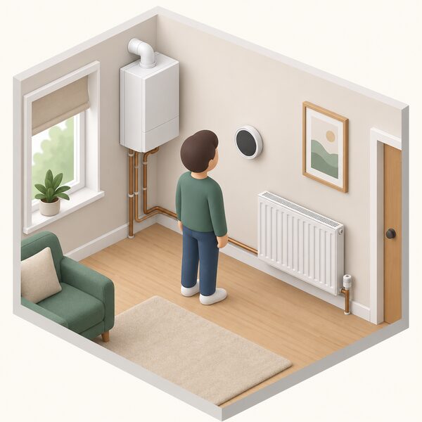 A small simplified isometric figure stands in a home room looking at a smart thermostat mounted at eye level on an interior wall, the device shown as a simple rounded unit with a plain blank screen, with a radiator and boiler pipework nearby to place it in a heating context.