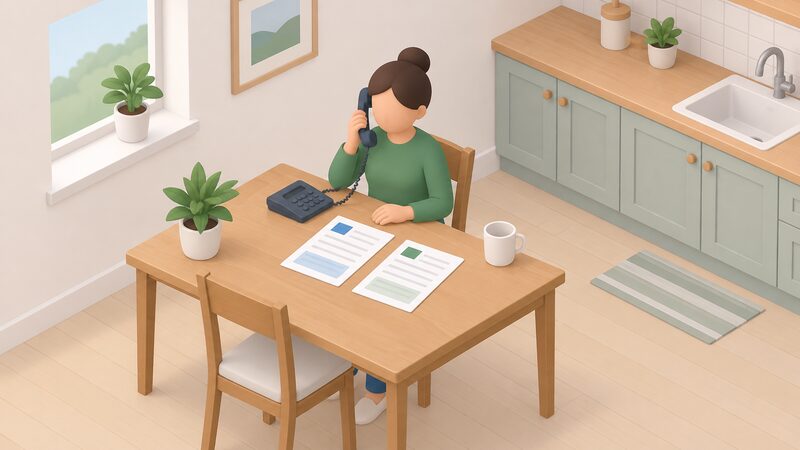 A simplified isometric householder sits at a kitchen table holding a phone to their ear, with an energy bill and a benefits letter lying flat on the table beside them, both shown with blank lines and plain colour blocks instead of readable content.