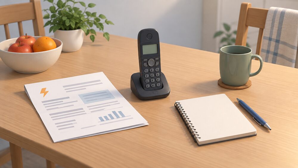 A quiet kitchen table with a cordless home telephone lying beside a folded paper energy bill, a blank notepad and a pen, arranged as the moment a householder sits down to make a free energy advice call.