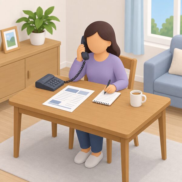 A householder sits at a table in their home holding a telephone to their ear, with an energy bill and a notepad laid out in front of them as they call the free consumer advice line about a billing problem.