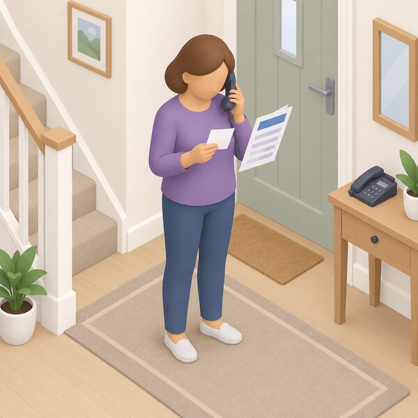 A householder standing in a home hallway holds a printed advice leaflet in one hand and a phone in the other, comparing a number written on a slip of paper against the published number printed on the leaflet before dialling.