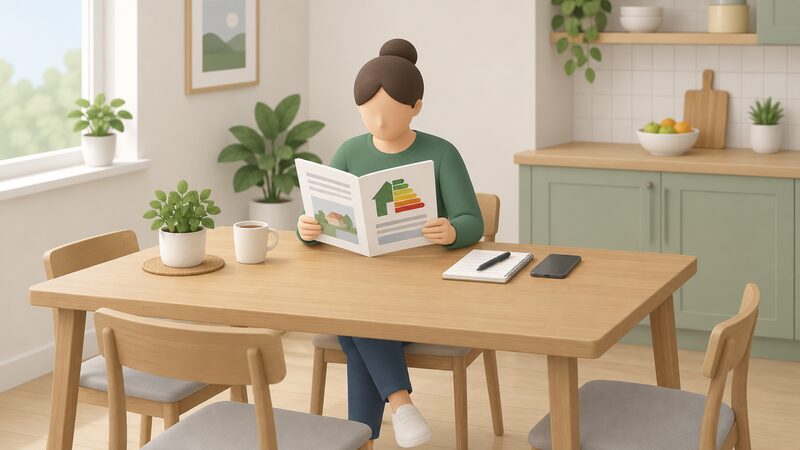 A homeowner seated at a kitchen table reading a printed impartial energy efficiency guide, with a phone and notepad beside them as they prepare questions before requesting quotes from installers.
