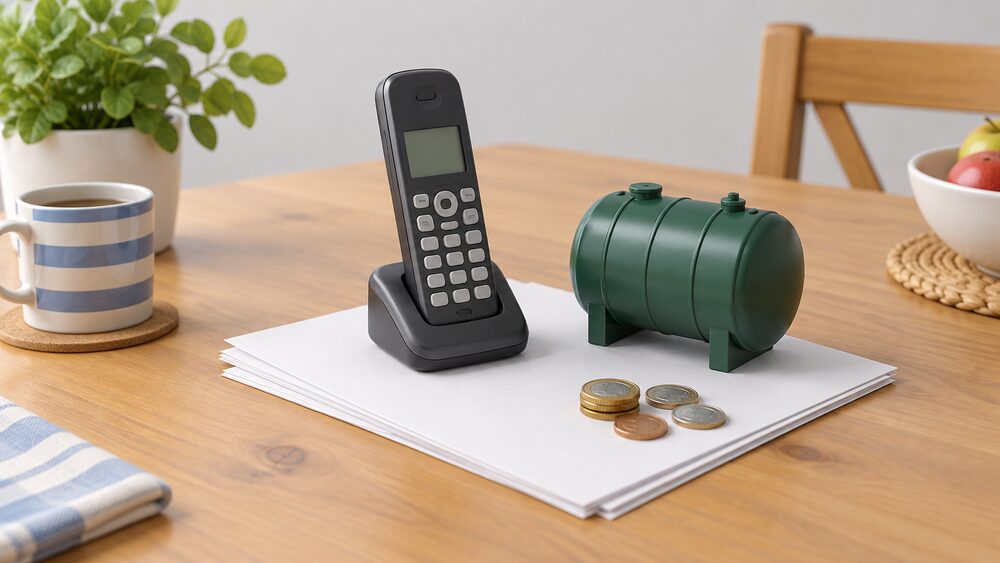 A kitchen table scene showing a cordless telephone resting on blank paperwork beside a small model of a domestic heating oil tank and a few coins, representing a free phone call for advice about oil heating and energy grants.