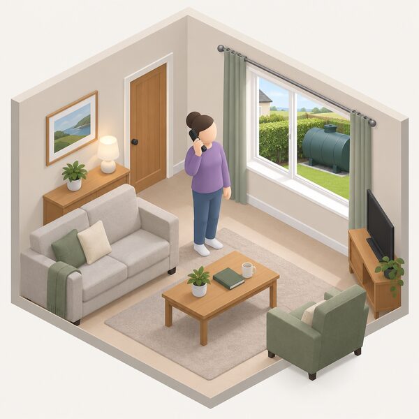 A simplified isometric householder standing in the living room of an ordinary Northern Ireland home, holding a telephone to their ear as they ring the free energy advice service, with a domestic heating oil tank visible outside the window to place the scene locally.