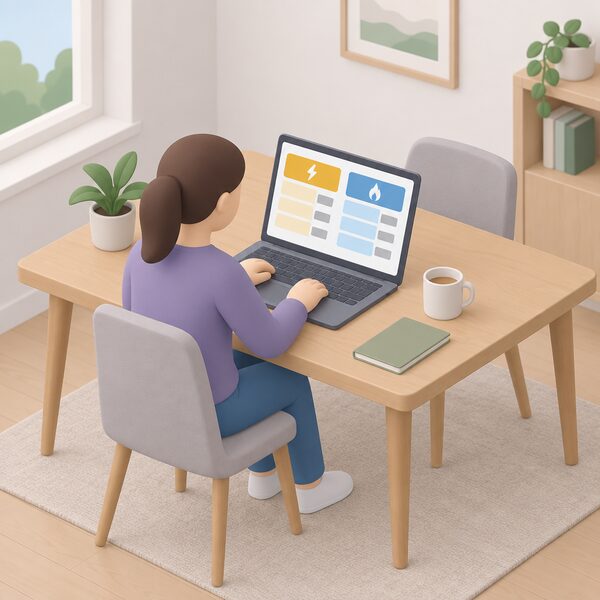 A simplified isometric figure sits at a table in a home setting using a laptop showing the Consumer Council energy price comparison tool, with plain colour bands on the screen representing electricity and gas tariff options being compared.