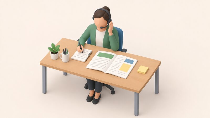A simplified isometric adviser sits at a desk wearing a telephone headset, with handwritten notes and an open home energy report laid out in front of them, shown as a physical document with blank lines and plain colour blocks.