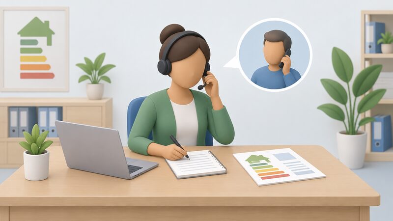 An advisor at a desk in an advice centre wearing a headset, speaking on the phone while writing notes, with a printed home energy report lying on the desk beside them.