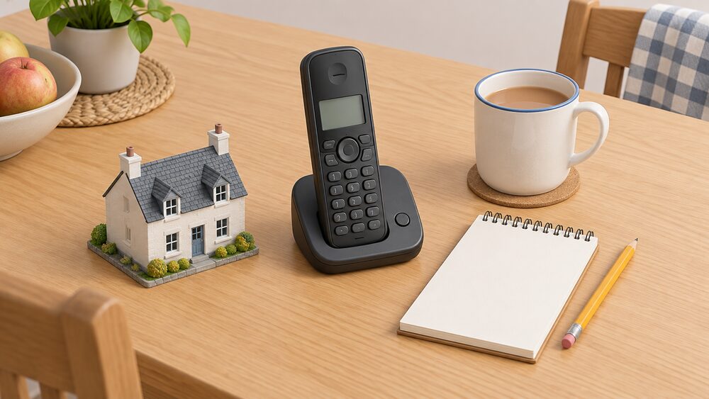 A homely kitchen table seen from above with a cordless landline telephone lying centrally beside a blank notepad and pencil, a small plain model of a Scottish house, and a mug of tea, suggesting a householder phoning a free advice line about their home's energy.
