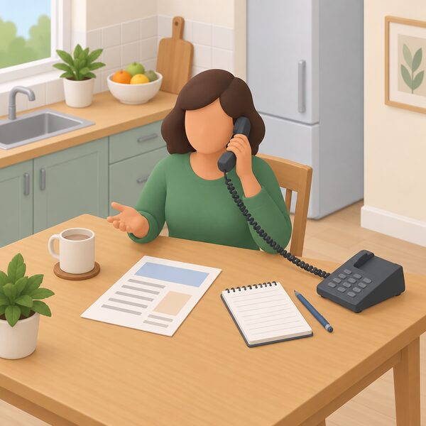 A householder sitting at a kitchen table at home holds a telephone to their ear while making a free call to a national energy advice helpline, with an energy bill and a notepad lying on the table beside them as they ask about their supplier or bills.