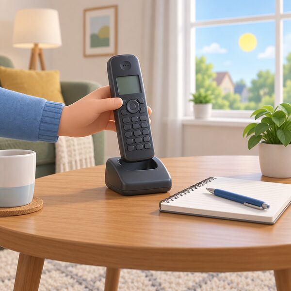 A cordless home telephone lifted from its charging base on a table in a living room, beside a notepad and pen, with daylight through a window suggesting the phone lines are open, ready for a free call to Home Energy Scotland.