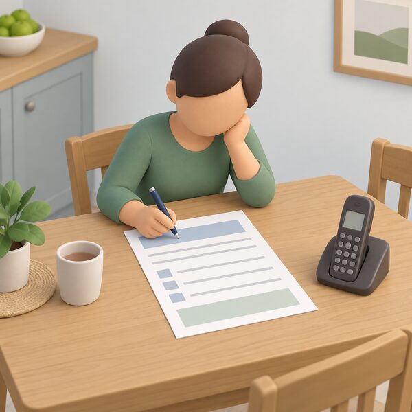 A paper funding application form lying on a domestic kitchen table beside a pen, with a telephone resting nearby to show the advice call has finished and the slow application stage has begun, drawn as a physical object with its content shown only as blank lines and plain blocks.