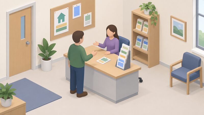 A small isometric advice centre desk where a simplified householder stands asking questions of an adviser, with a rack of energy efficiency leaflets on the desk between them in a plain local office setting.