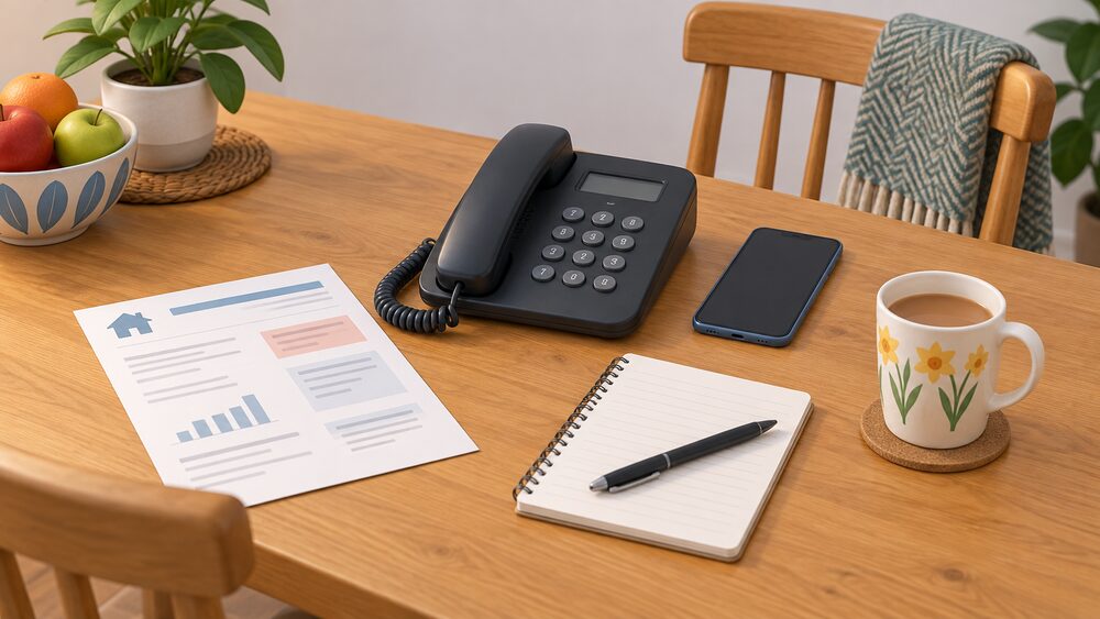 A kitchen table in a Welsh home with a landline telephone and a mobile phone resting beside a recent energy bill, a blank notepad with a pen, and a mug of tea, arranged as the moment a householder sits down to call a free energy advice helpline.