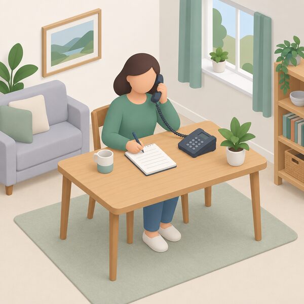 A person at home seated at a table holding a telephone handset to their ear, making a call to the free Nest energy advice helpline, with a notepad and pen beside them for taking notes during the advice conversation.