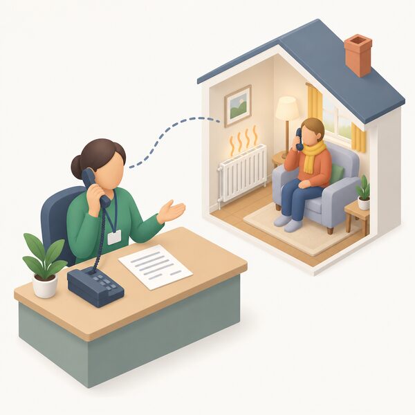 A simplified isometric adviser seated at a desk with a phone handset to their ear and a paper bill on the desk, speaking with a householder figure at the other end of the line shown in a small cutaway of a home with a jumper and a warm radiator, conveying free advice on managing bills and staying warm.