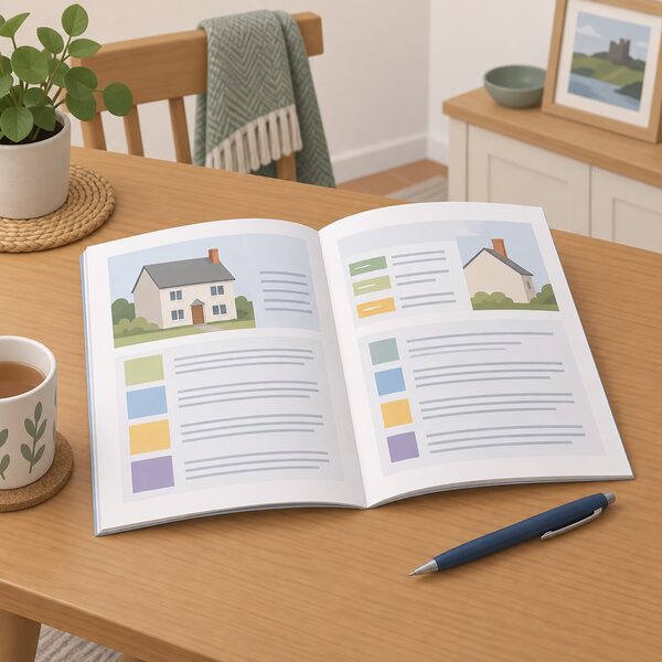 A printed home assessment report lying open on a table in a Welsh home, its pages showing plain blocks and blank lines where the Retrofit Coordinator's energy-efficiency and decarbonisation recommendations for the property would appear, with a pen beside it.
