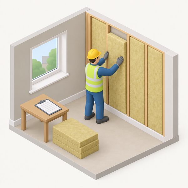 An installer fitting insulation to the internal wall of a home, with a clipboard of paperwork left on a nearby table to show the completed work can be audited later.