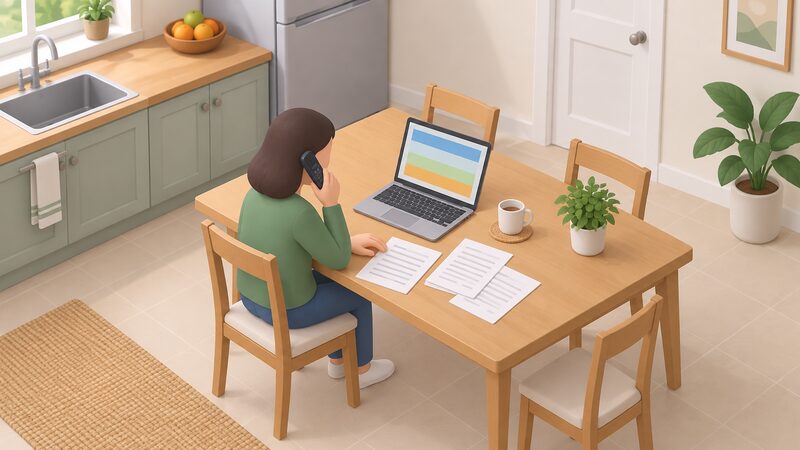 A kitchen table seen from above holding a cordless telephone handset, an open laptop showing a plain screen with colour bands, and several sheets of energy paperwork with blank lines, with a simplified figure seated holding the handset as if phoning an advice helpline.