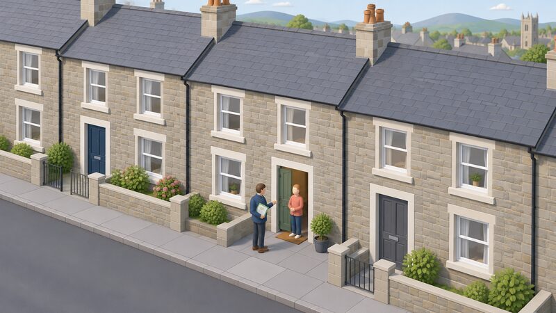 A simplified isometric Welsh terraced street of stone-rendered houses, with a home energy adviser standing at one open front door speaking to a householder, a folder of advice sheets in hand, neighbouring terraced houses and a narrow pavement completing the scene.