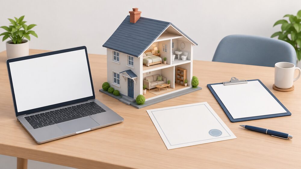 A small cutaway model of a house stands on a table beside a laptop with a blank screen, a blank certificate-style document, a clipboard and a pen, suggesting a household choosing between an online check and a professional survey of their home.