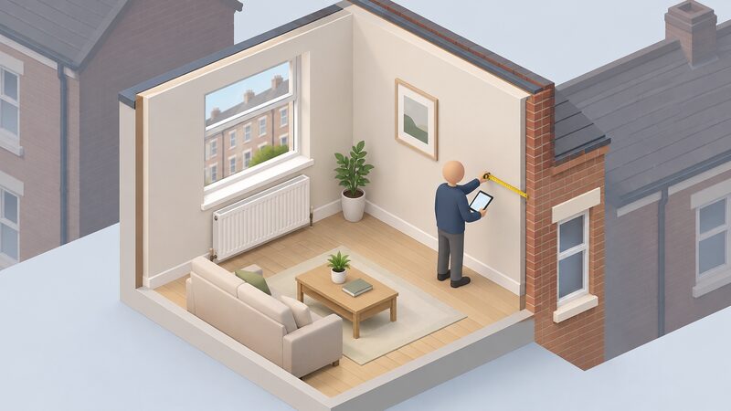 A simplified isometric assessor stands inside a UK terraced house living room, holding a tape measure against an exposed external wall while recording construction details on a tablet, with a radiator and a window visible in the room.
