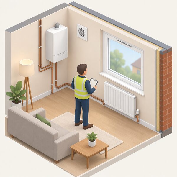 A simplified isometric Retrofit Coordinator standing inside a dwelling's living room, clipboard in hand, surveying the whole space: an external wall, a window with trickle vent, an extractor or air vent, and a radiator with boiler pipework, shown together as one connected system.