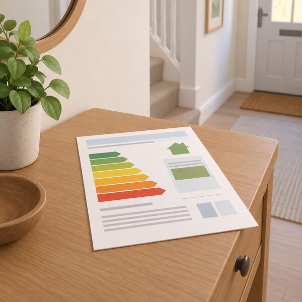 A domestic energy performance certificate shown as a printed sheet lying on a table in a home hallway, its rating band and figures rendered only as plain colour blocks and blank lines, with no readable words or numbers.