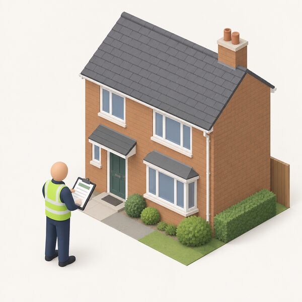 A simplified isometric assessor standing outside an existing UK home, clipboard in hand, noting the building's features while a survey sheet with blank lines and a plain colour band rests on a portable board, representing the reduced data survey that produces the EPC rating.